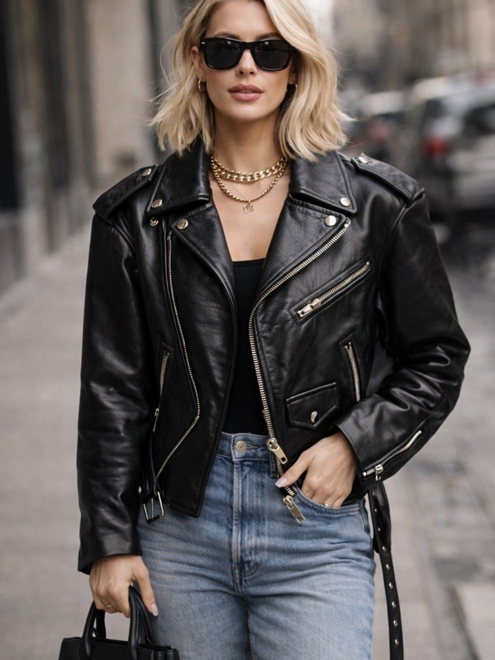 Balenciaga Black Leather Bomber-Style Biker Jacket
